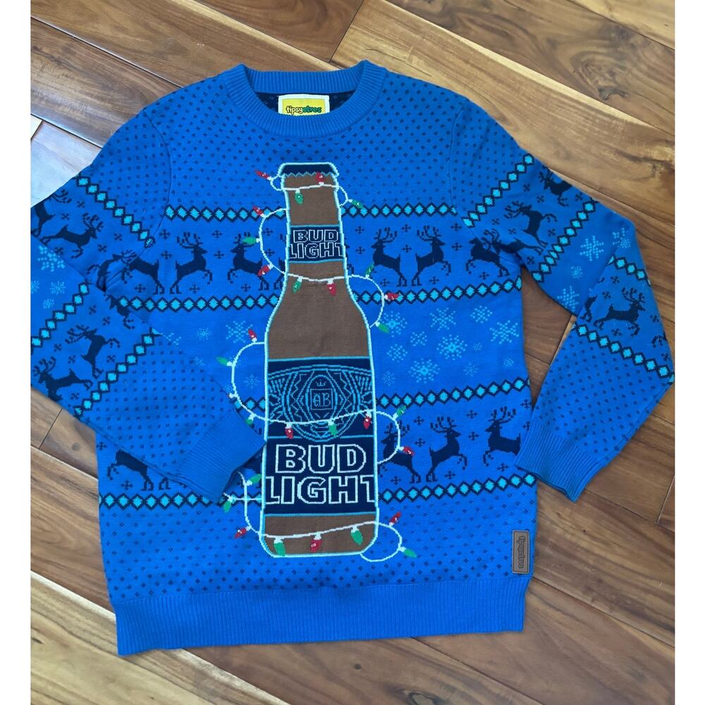 Tipsy Elves Bud Light Beer Ugly Christmas Sweater Blue Size Large Light Up